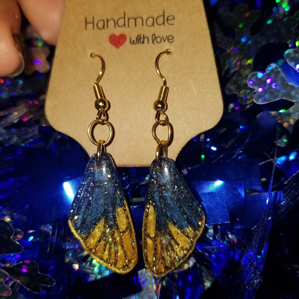 Handmade Blue and Gold Resin Butterfly Wing Earrings